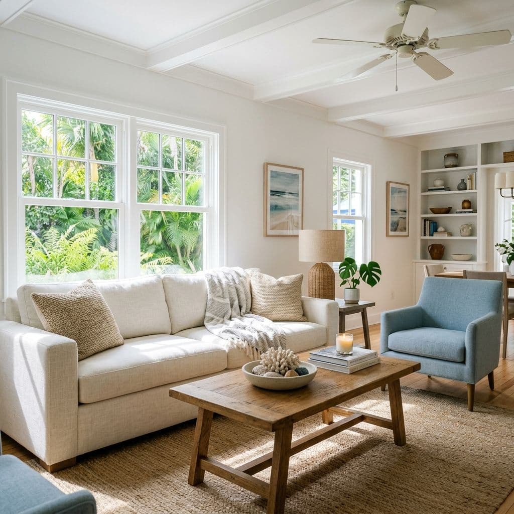 Cozy living room setting with a cream sofa, light blue armchair, and rustic wooden coffee table on a jute rug Cozy living room setting with a cream sofa, light blue armchair, and rustic wooden coffee table on a jute rug