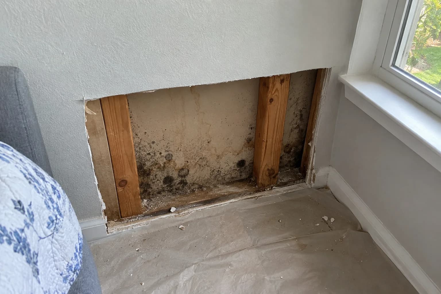 Close view of dark speckling and water staining on drywall paper inside an opened wall
