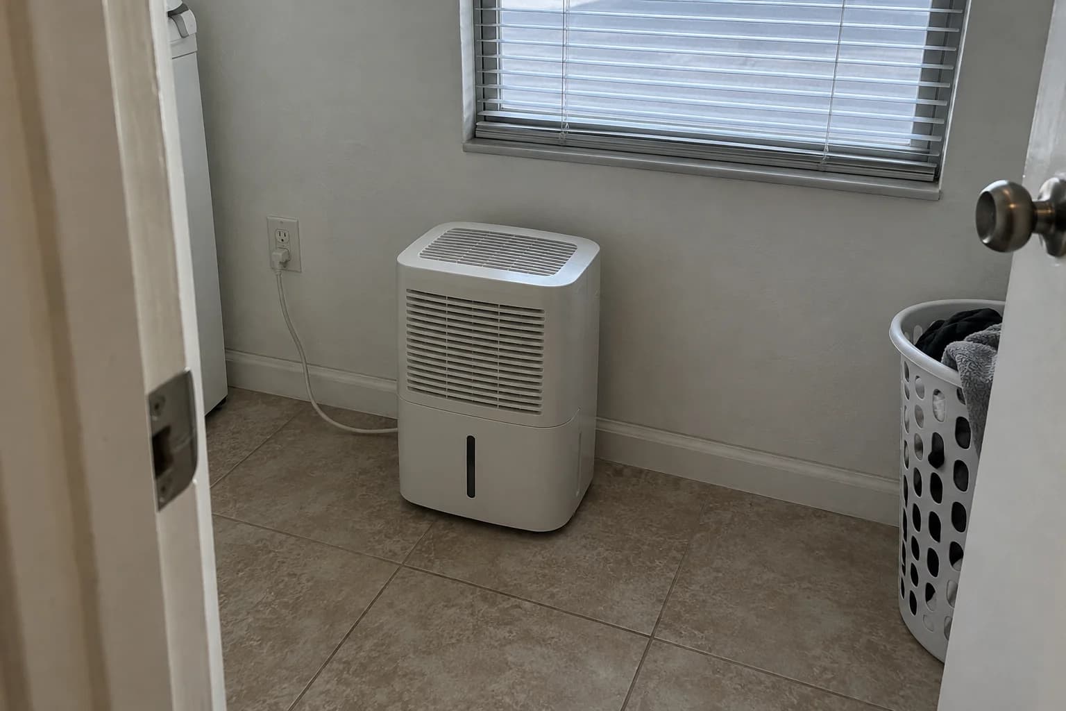 Portable dehumidifier beside a closed window in an ordinary tiled room Portable dehumidifier beside a closed window in an ordinary tiled room