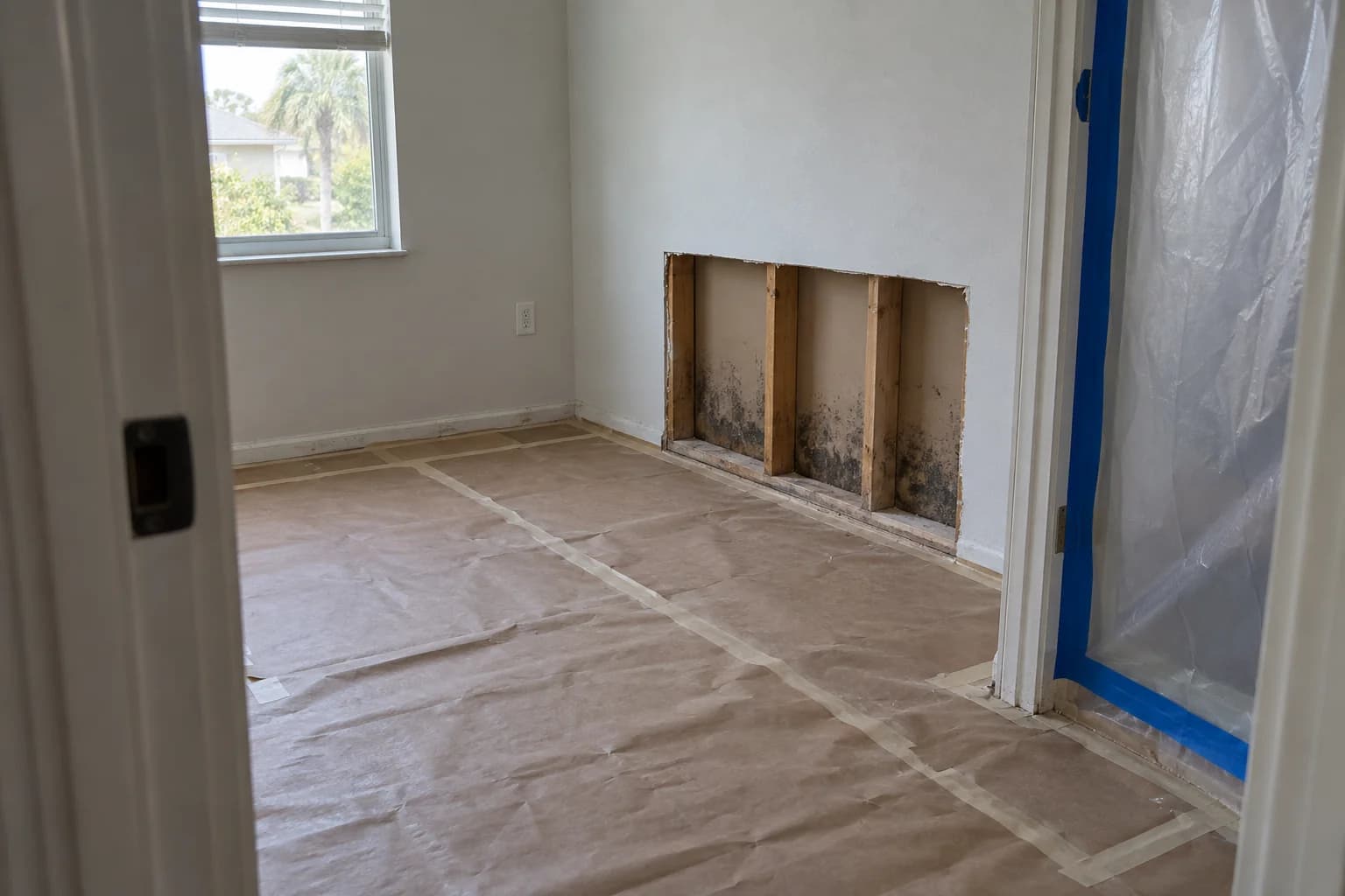 Opened lower wall with moisture-stained framing, floor protection and taped containment sheeting Opened lower wall with moisture-stained framing, floor protection and taped containment sheeting