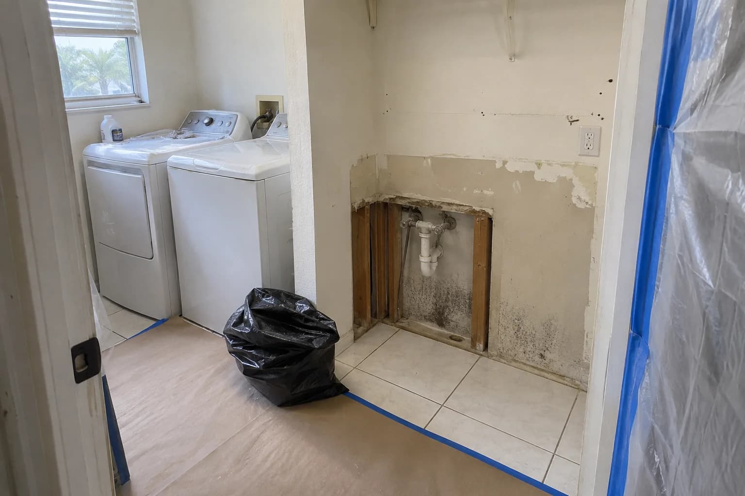 Moisture-stained lower wall behind removed utility-room cabinets with containment sheeting Moisture-stained lower wall behind removed utility-room cabinets with containment sheeting