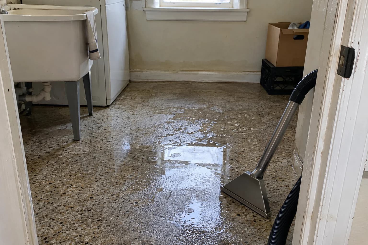 Extraction hose and floor wand beside water staining in a small room Extraction hose and floor wand beside water staining in a small room