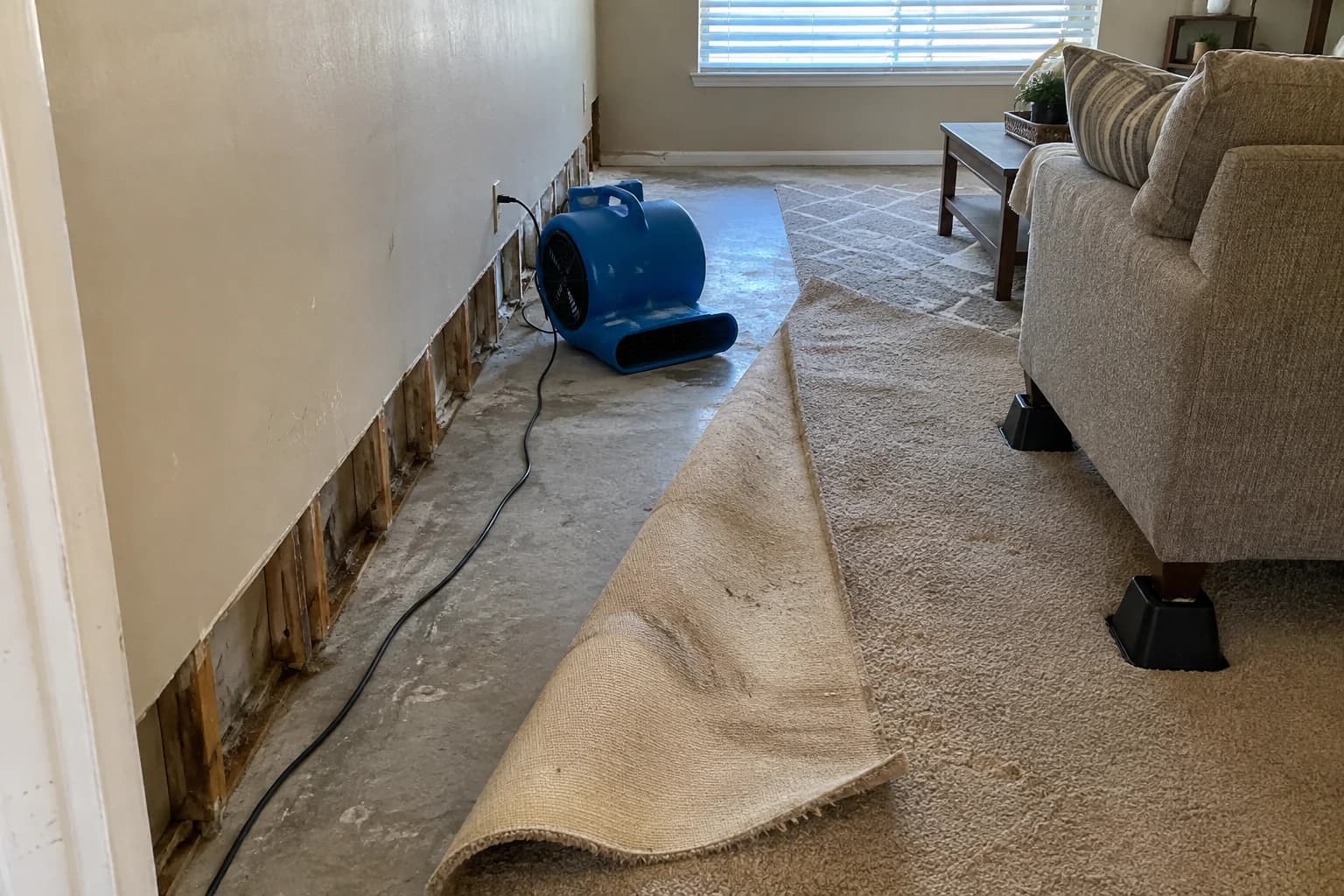 Floor air mover drying the exposed base of a wall with carpet pulled back Floor air mover drying the exposed base of a wall with carpet pulled back