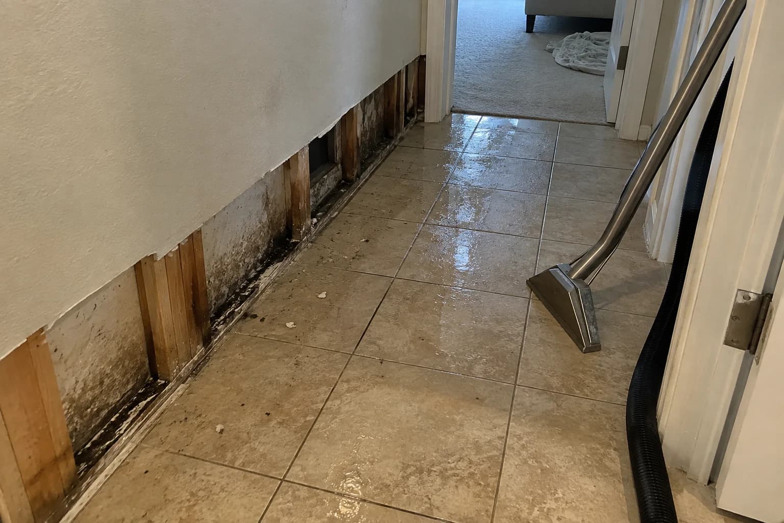 Water-extraction equipment on a damp hallway floor beside removed baseboard Water-extraction equipment on a damp hallway floor beside removed baseboard