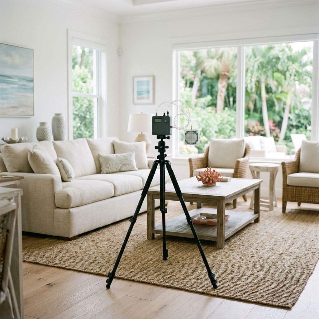Professional air quality testing equipment mounted on a tripod in a living room with wicker chairs and a white sofa Professional air quality testing equipment mounted on a tripod in a living room with wicker chairs and a white sofa