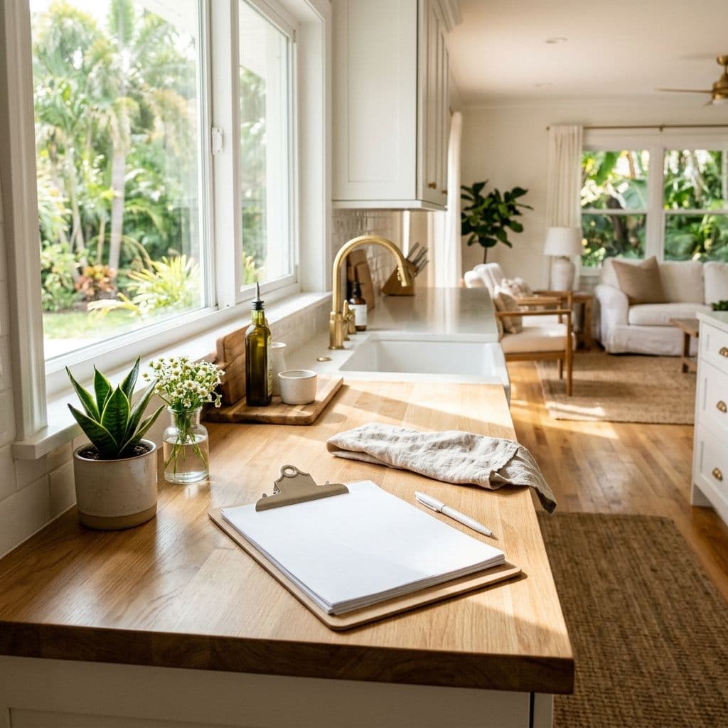 Bright white kitchen with wooden countertops, gold fixtures, and a blank clipboard resting in the sunlight Bright white kitchen with wooden countertops, gold fixtures, and a blank clipboard resting in the sunlight
