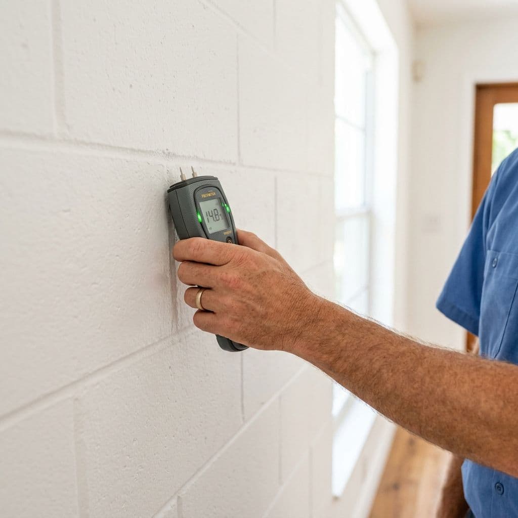 Close-up of a technicians hand holding a digital moisture meter against a white painted cinder block wall Close-up of a technicians hand holding a digital moisture meter against a white painted cinder block wall