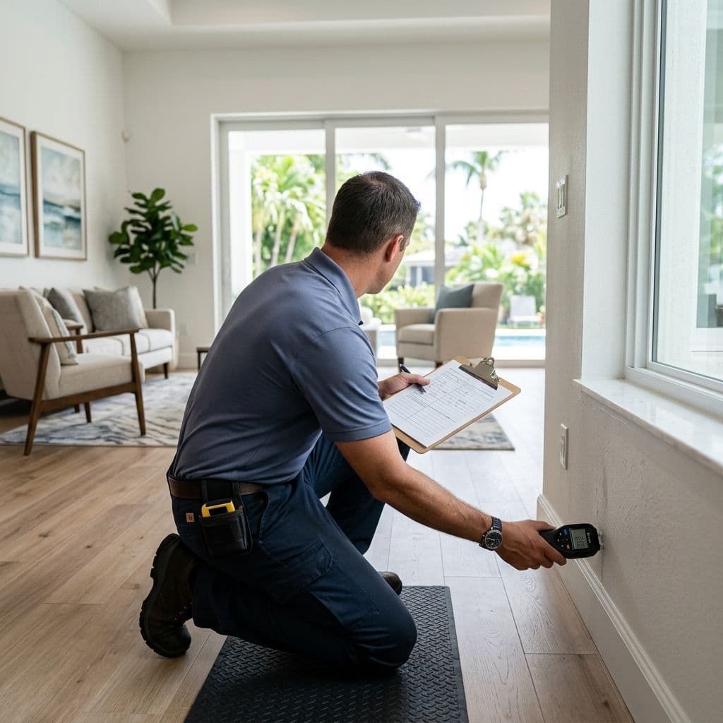 Bullfrog Waterproofing mold inspector checking moisture readings in Sarasota home after seasonal vacancy Bullfrog Waterproofing mold inspector checking moisture readings in Sarasota home after seasonal vacancy