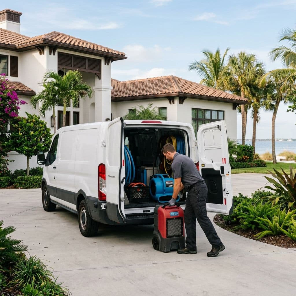 Technician pulling a red commercial dehumidifier out of a white cargo van parked outside a large luxury waterfront home Technician pulling a red commercial dehumidifier out of a white cargo van parked outside a large luxury waterfront home