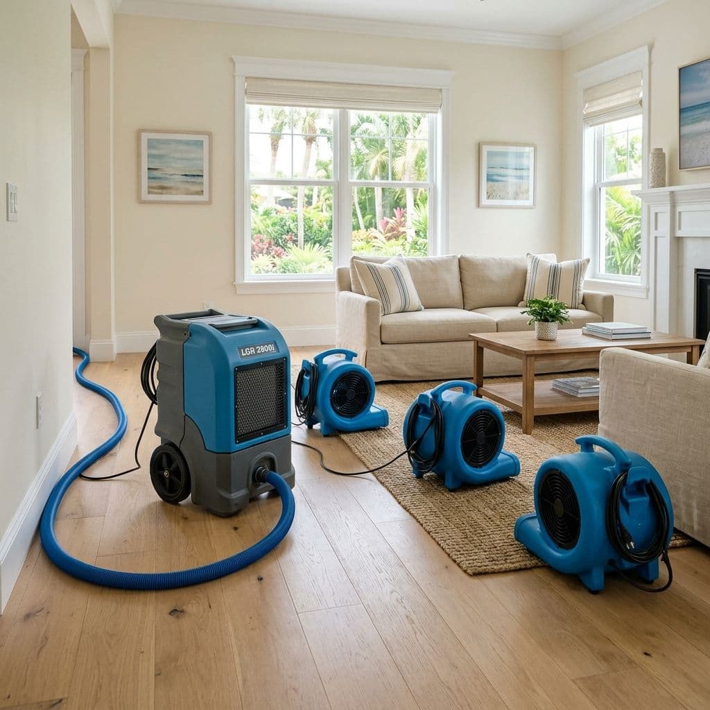 Three blue industrial air movers and a large blue LGR dehumidifier actively drying a living room floor Three blue industrial air movers and a large blue LGR dehumidifier actively drying a living room floor