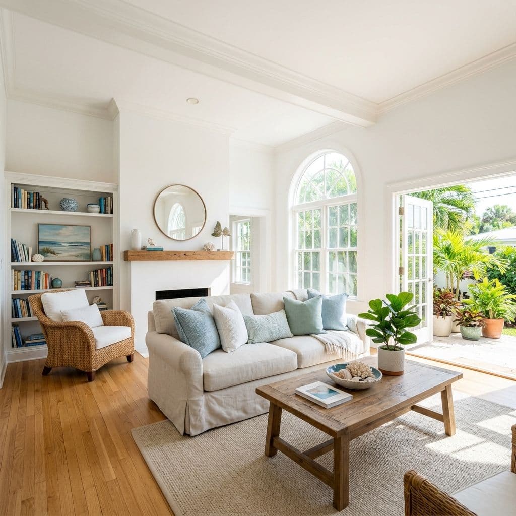 Bright luxurious living room with arched windows, a fireplace, cream sofa, and open French doors leading to a tropical patio Bright luxurious living room with arched windows, a fireplace, cream sofa, and open French doors leading to a tropical patio