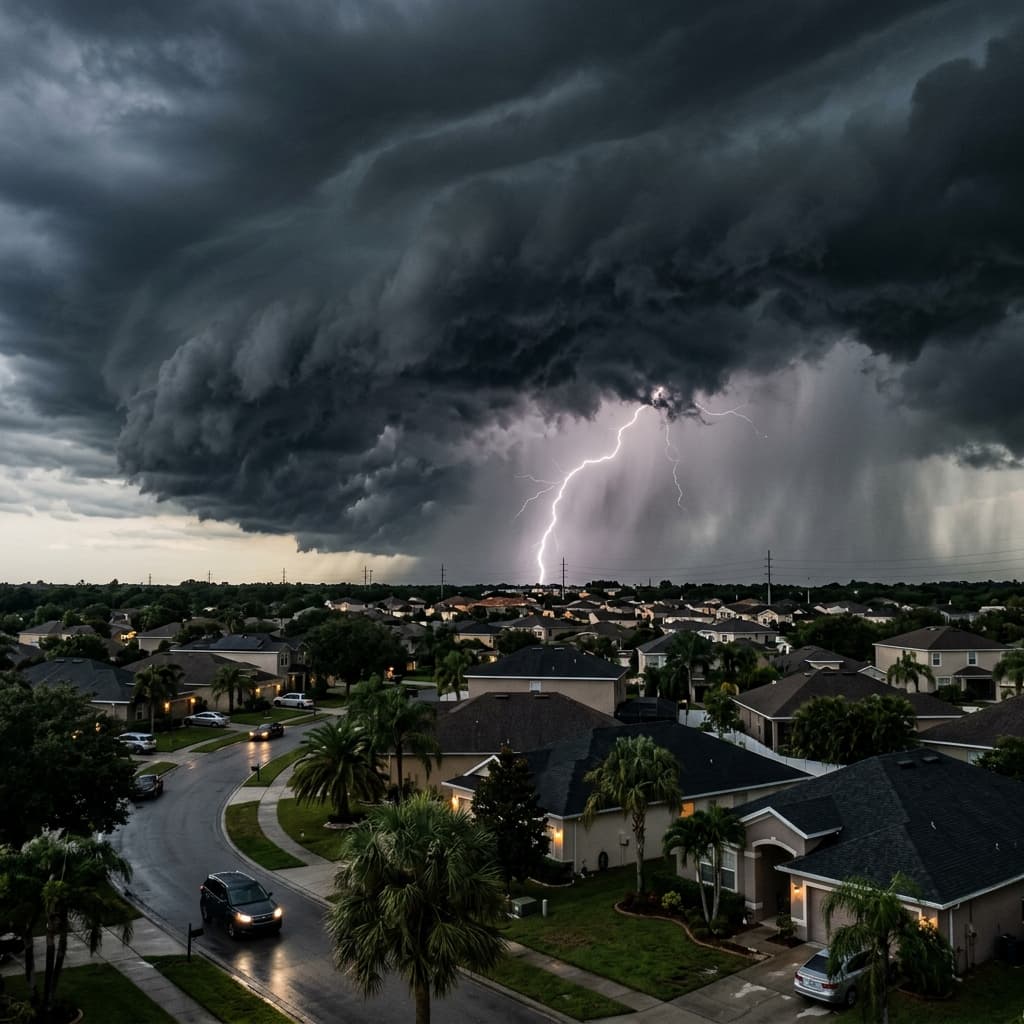 Dark storm clouds, rain and lightning over Florida rooftops Dark storm clouds, rain and lightning over Florida rooftops