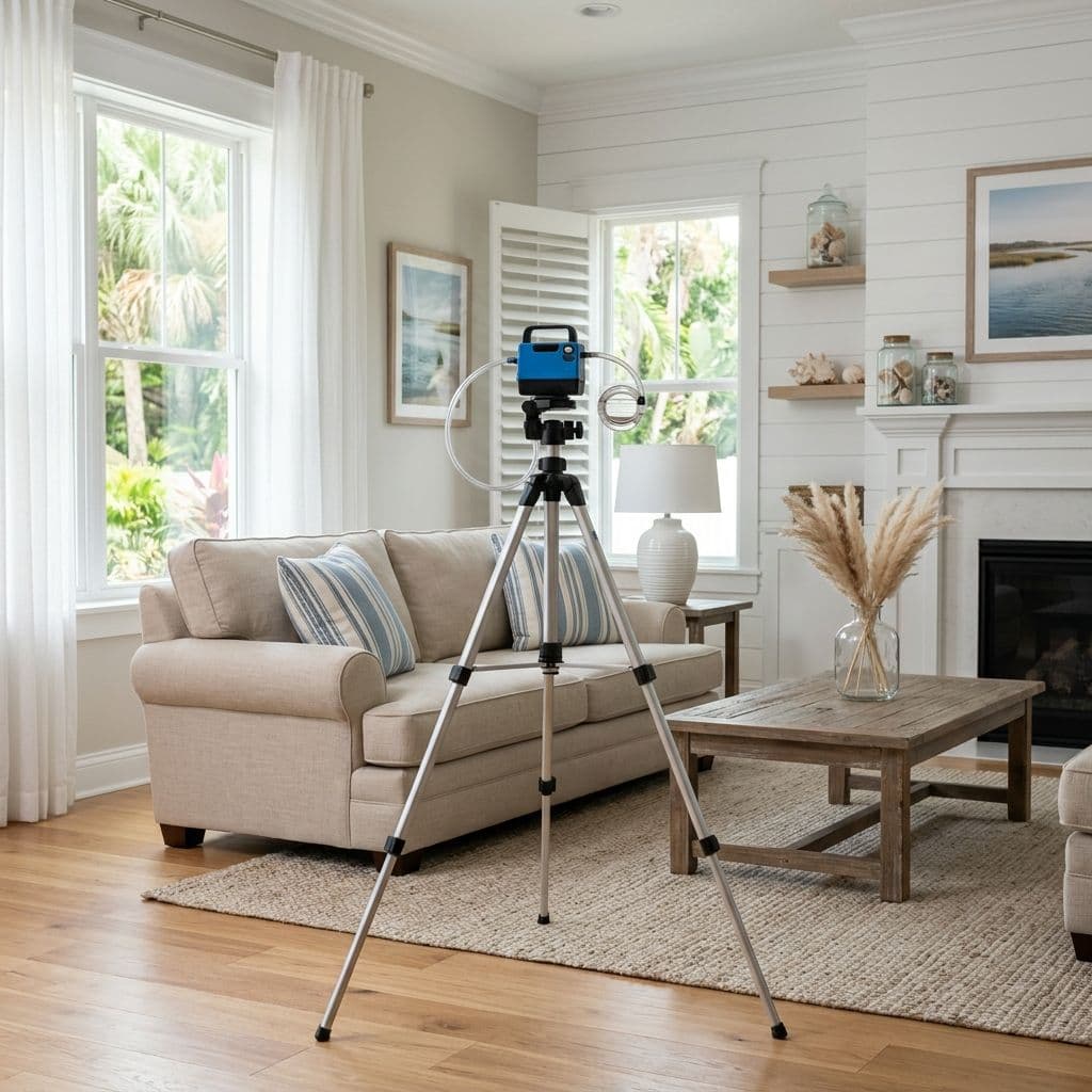 Professional air quality testing machine mounted on a tripod in a cozy living room with a fireplace and shiplap walls Professional air quality testing machine mounted on a tripod in a cozy living room with a fireplace and shiplap walls
