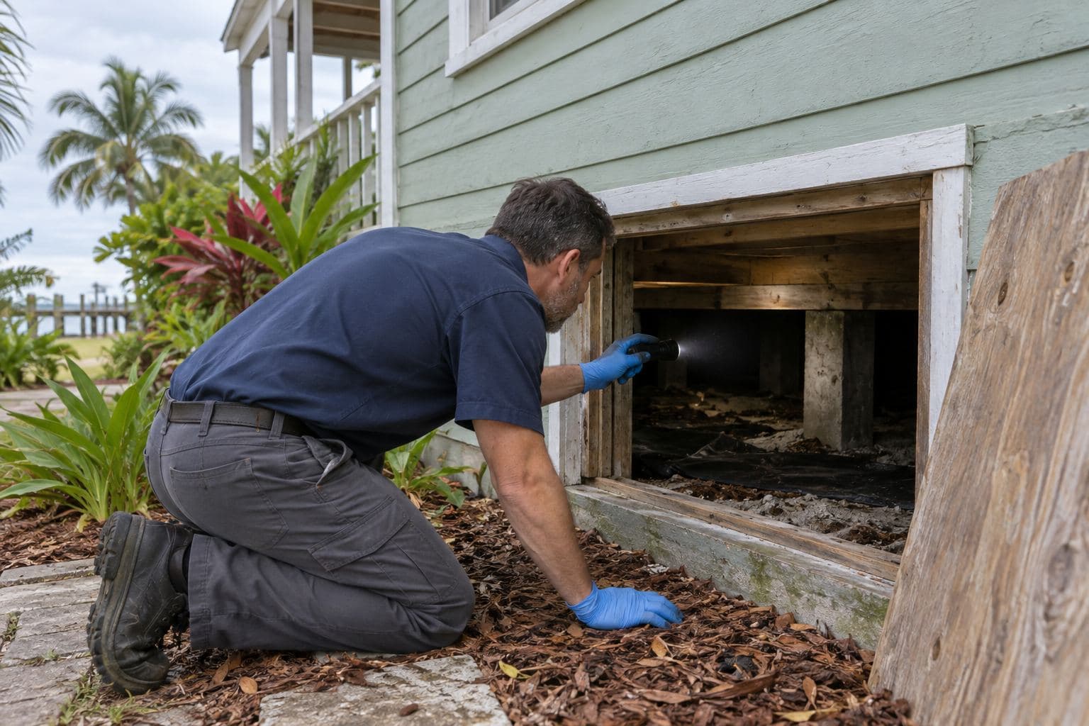 Technician shining a flashlight through the crawl space hatch of a raised pier-and-beam home during a free mold inspection in Tampa Bay Technician shining a flashlight through the crawl space hatch of a raised pier-and-beam home during a free mold inspection in Tampa Bay