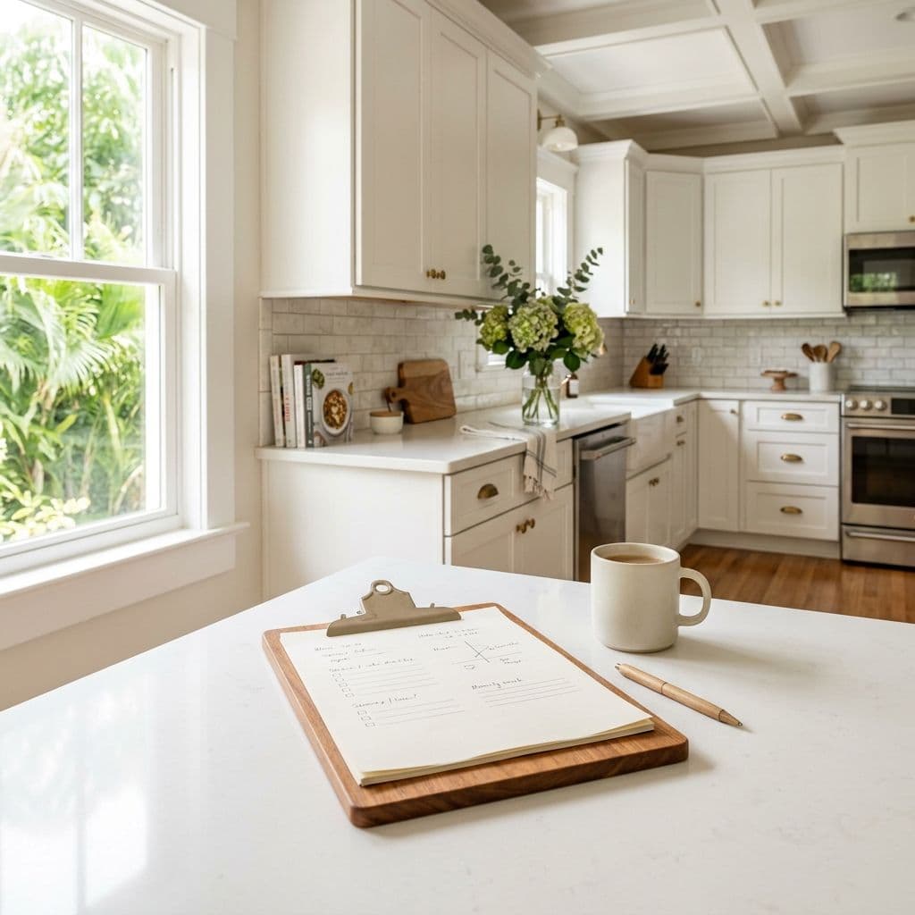Clean bright white kitchen with a wooden clipboard resting on a white countertop next to a cup of coffee Clean bright white kitchen with a wooden clipboard resting on a white countertop next to a cup of coffee