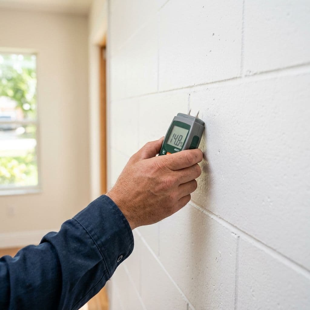 Technicians hand holding a digital moisture meter against a white painted cinder block wall Technicians hand holding a digital moisture meter against a white painted cinder block wall