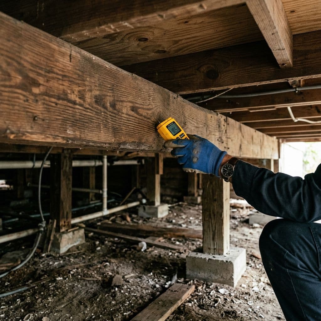 Blue-gloved hand using a yellow moisture meter on a wooden joist underneath a house in a dark crawlspace Blue-gloved hand using a yellow moisture meter on a wooden joist underneath a house in a dark crawlspace