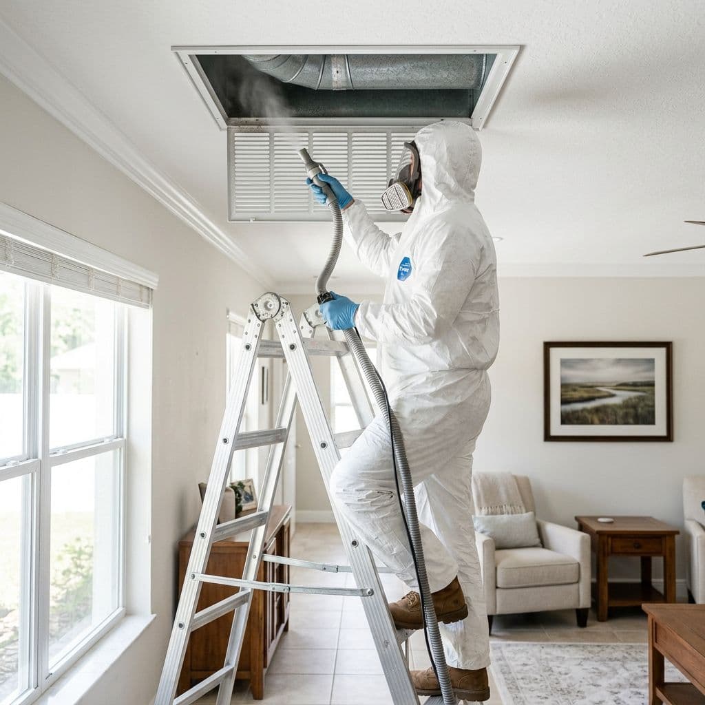 Technician in a full white hazmat suit and respirator mask standing on a stepladder to spray mold treatment into a ceiling HVAC vent Technician in a full white hazmat suit and respirator mask standing on a stepladder to spray mold treatment into a ceiling HVAC vent