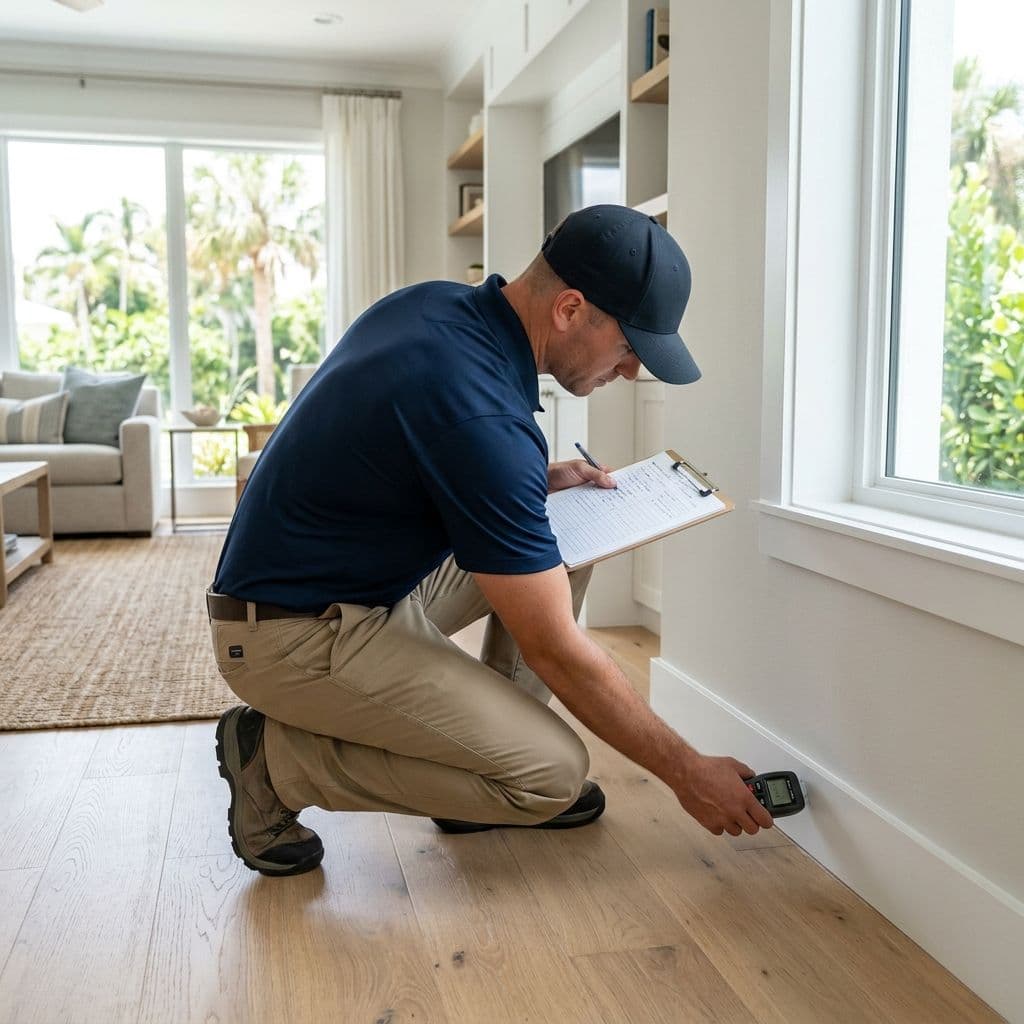 Bullfrog Waterproofing mold inspector checking moisture readings in Tampa Bay home after Hurricane Milton flooding Bullfrog Waterproofing mold inspector checking moisture readings in Tampa Bay home after Hurricane Milton flooding
