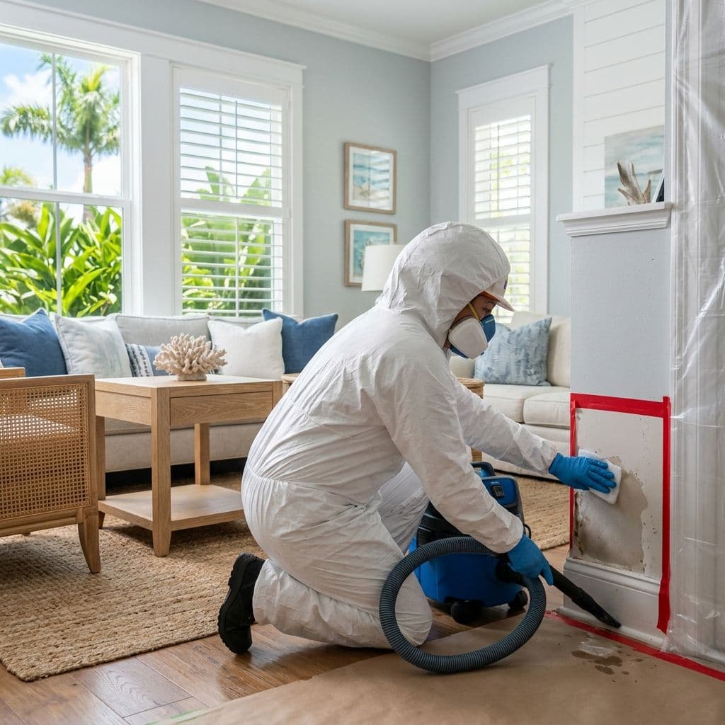 Bullfrog Waterproofing mold remediation technician working inside a Tampa Bay home Bullfrog Waterproofing mold remediation technician working inside a Tampa Bay home