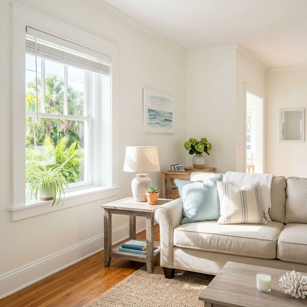 Bright cozy living room featuring a cream sofa with blue pillows, wooden floors, and a view of tropical plants through the window Bright cozy living room featuring a cream sofa with blue pillows, wooden floors, and a view of tropical plants through the window