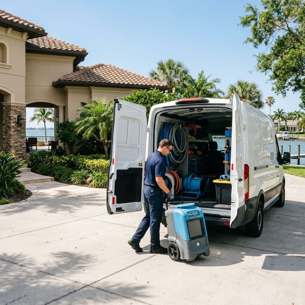Technician pulling a blue commercial dehumidifier out of a white cargo van parked in front of a tan house Technician pulling a blue commercial dehumidifier out of a white cargo van parked in front of a tan house