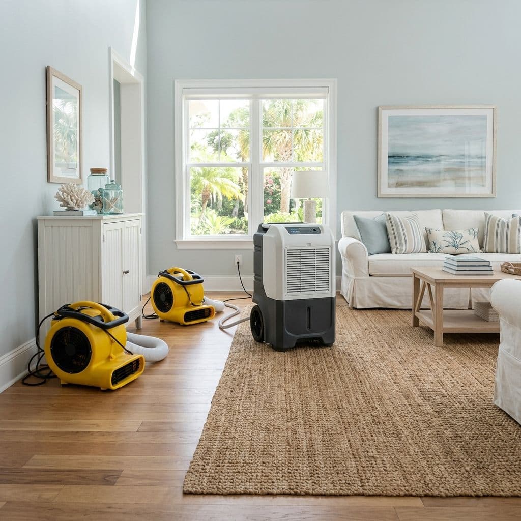 Two yellow industrial air movers and a large grey dehumidifier actively drying a light blue living room with a jute rug Two yellow industrial air movers and a large grey dehumidifier actively drying a light blue living room with a jute rug