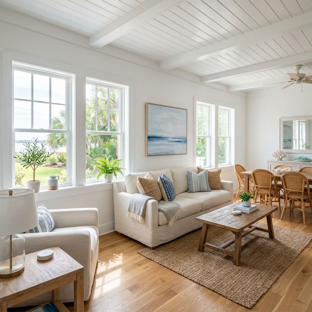 Bright luxurious living room featuring large windows with ocean views, a white sofa, and wicker dining chairs in the background Bright luxurious living room featuring large windows with ocean views, a white sofa, and wicker dining chairs in the background